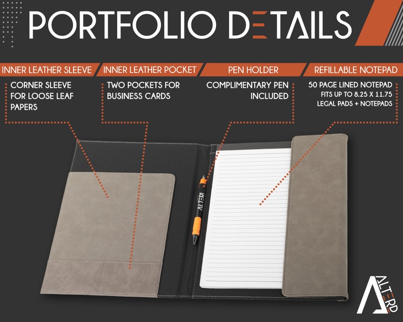 May include: A black and gray leather portfolio with a gray inner sleeve, two pockets for business cards, a pen holder, and a refillable notepad. The notepad is 8.25 inches by 11.75 inches and fits legal pads and notepads.