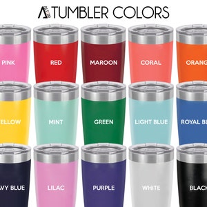 May include: A grid of fifteen stainless steel tumblers with clear lids, each in a different solid color including pink, red, maroon, coral, orange, yellow, mint, green, light blue, royal blue, navy blue, lilac, purple, white, and black.