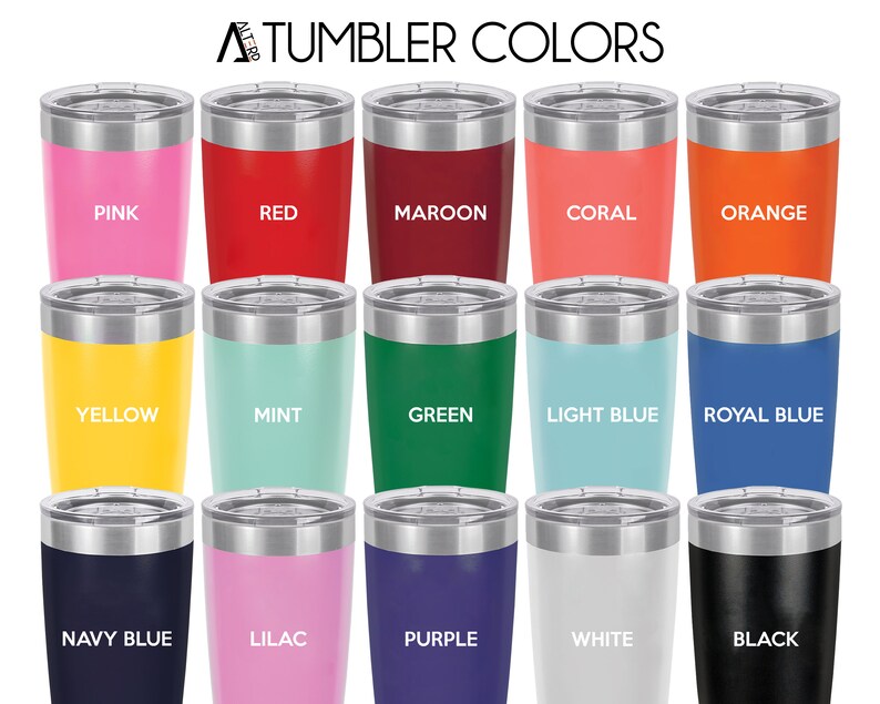 May include: A grid of fifteen stainless steel tumblers with clear lids, each in a different solid color including pink, red, maroon, coral, orange, yellow, mint, green, light blue, royal blue, navy blue, lilac, purple, white, and black.