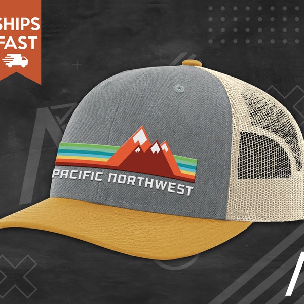 Pacific Northwest Hat, Rainbow Mountain Hat, PNW Trucker Hat, Hats for Men, Hats Women, Snapback Hat, Pacific Northwest Gifts, FREE SHIPPING