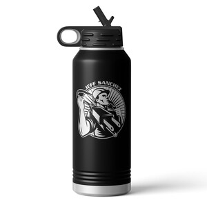 May include: Black stainless steel water bottle with a white graphic of an electrician holding a power cord. The graphic includes the text "JEFF SANCHEZ".