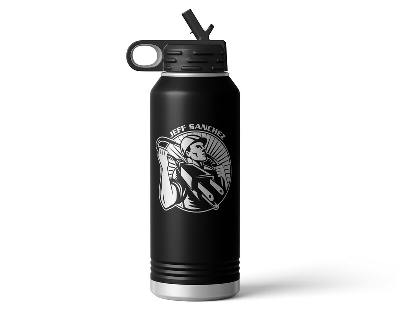 May include: Black stainless steel water bottle with a white graphic of an electrician holding a power cord. The graphic includes the text "JEFF SANCHEZ".