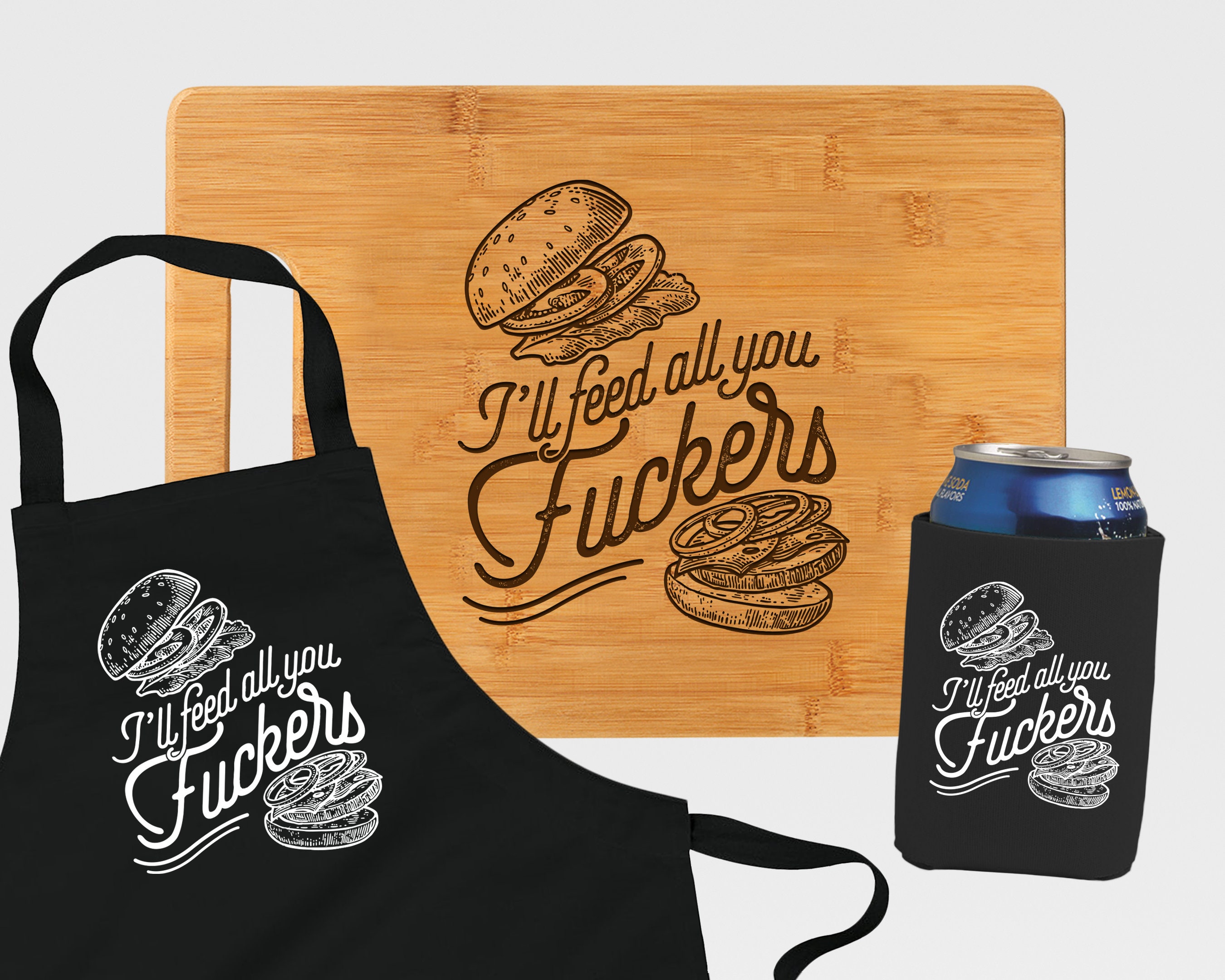 Fathers Day BBQ Gift I'll Feed all you Fuckers Engraved Bamboo Cutting Board for Dad Funny BBQ Apron for Men Grilling Gift Set
