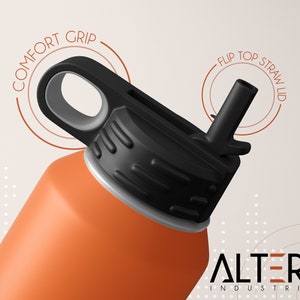 May include: An orange water bottle with a black lid featuring a comfort grip handle and a flip top straw lid. The text COMFORT GRIP and FLIP TOP STRAW LID are visible near the lid, and the logo ALTERD INDUSTRIES is printed in the bottom corner.