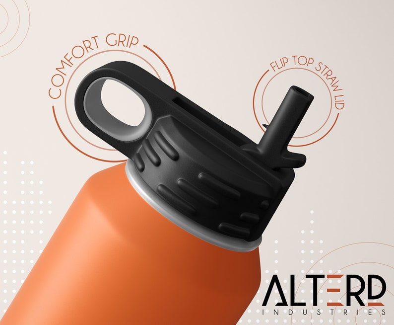 May include: An orange water bottle with a black lid featuring a comfort grip handle and a flip top straw lid. The text COMFORT GRIP and FLIP TOP STRAW LID are visible near the lid, and the logo ALTERD INDUSTRIES is printed in the bottom corner.