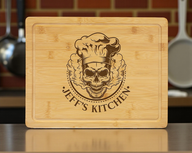 Skeleton Chef Gift Engraved Bamboo Cutting Board Personalized Skull Kitchen Decor for Culinary Gangster Culinary School Gift Cutting Board Only