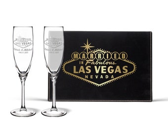 Married in Las Vegas Engraved Champagne Flutes and Keepsake Box Personalized with Names and Date | Wedding Toast Toasting Champagne Glasses