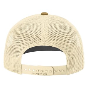 May include: A beige mesh trucker hat with a brown button on top. The hat has a black underside and a brown adjustable strap with the word "RICHARDSON" printed on it.