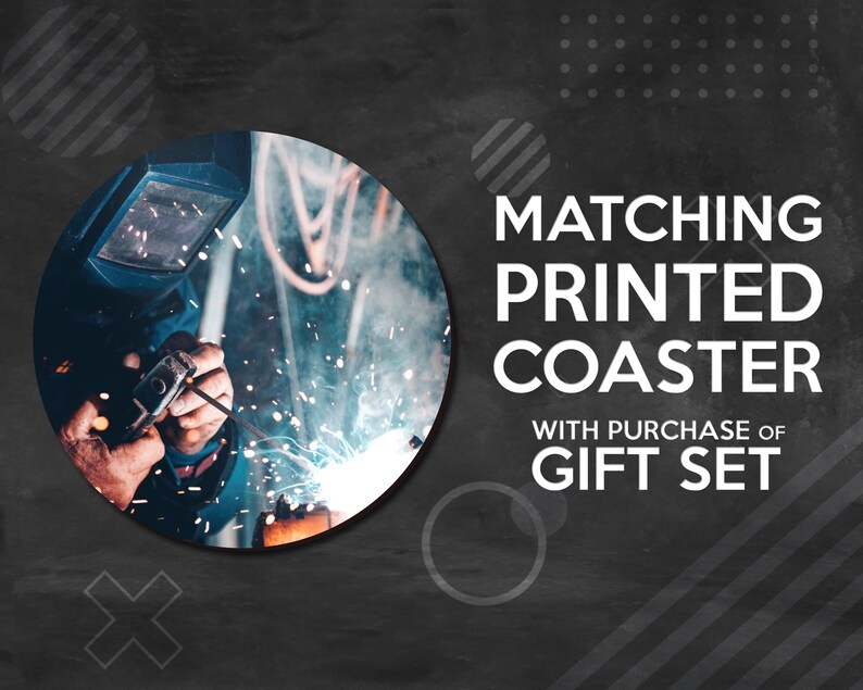 May include: Image features a welder at work, surrounded by sparks, within a circular frame. Text reads "Matching Printed Coaster with Purchase of Gift Set" on a dark background with geometric shapes.