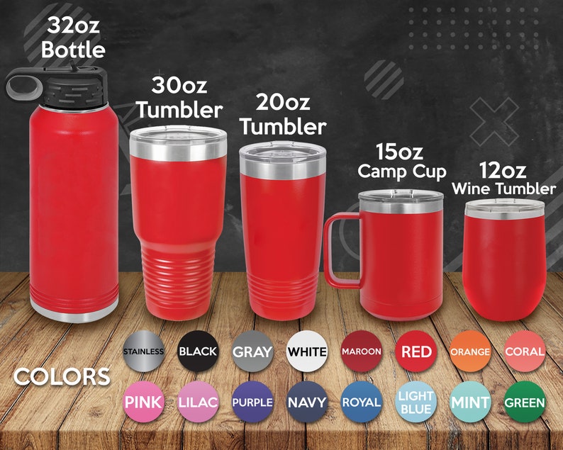 May include: A set of five red insulated drinkware items in various sizes, including a 32 ounce bottle, a 30 ounce tumbler, a 20 ounce tumbler, a 15 ounce camp cup, and a 12 ounce wine tumbler. The items are arranged from largest to smallest. The text "COLORS" is displayed below the items, followed by a row of color swatches.