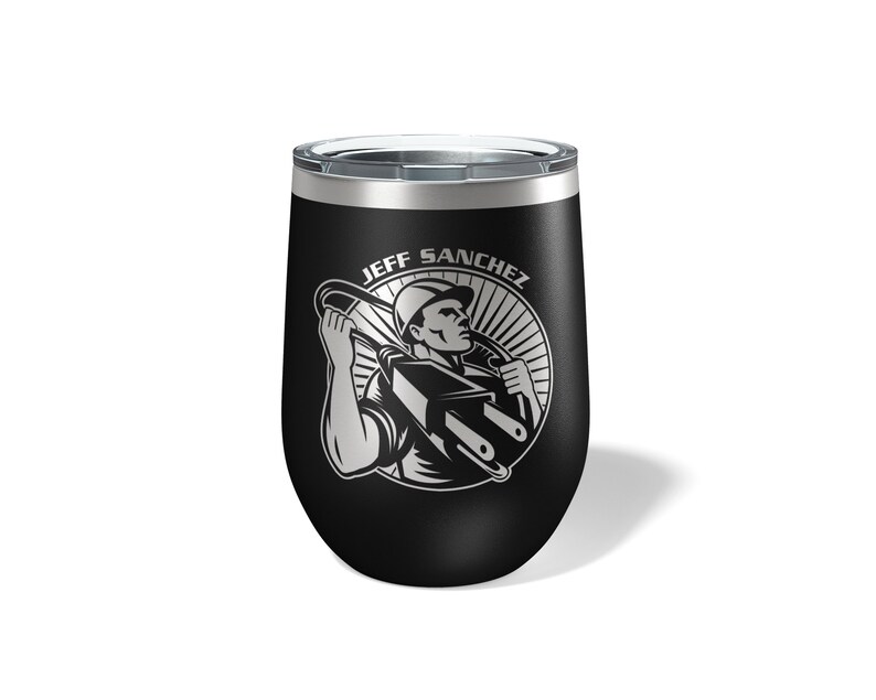 May include: Black stainless steel wine tumbler with a silver graphic of an electrician holding a power cord. The graphic includes the text "JEFF SANCHEZ".
