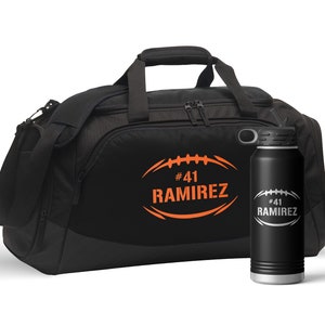 Personalized Football Player Sports Duffel Gym Bag with Shoe Compartment and Optional 32 oz Engraved Water Bottle Football Gifts for Boys
