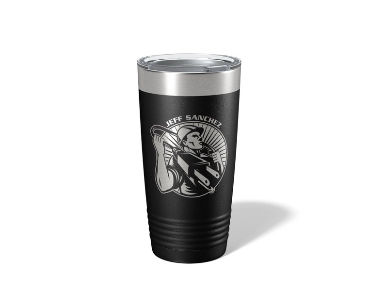 May include: Black stainless steel tumbler with a silver engraved design of a person holding a wrench and the text "JEFF SANCHEZ".