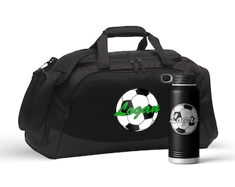 Soccer Player Duffel Gym Bag with Shoe Compartment Personalized Soccer Water Bottle with Straw Sports Gift for Soccer Season | FREE SHIPPING