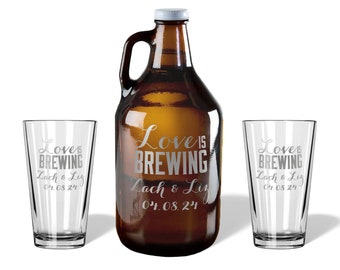 Love is Brewing Personalized Dating Anniversary Engagement Engraved Growler and Beer Glasses Gift Box Set for the Couple | FREE SHIPPING