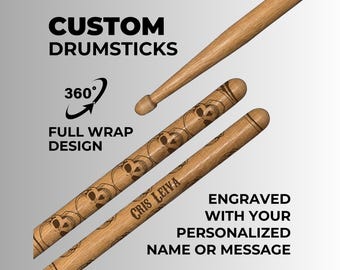 Personalized Skull and Crossbones Drumsticks Custom Engraved Pair of 5A Hickory Wooden Drum Sticks with Your Custom Message