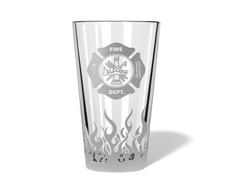 Fire Department Maltese Cross Flame Wrapped Engraved Pint Glasses, Firefighter Retirement Gift, Firefighter Gifts for Him | FREE SHIPPING