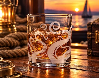 Release the Kraken Engraved Beer Whiskey Glass Set | Kraken Tentacles Octopus Nautical Gift for Men Birthday Christmas Mythology Sea Ocean