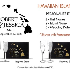 Hawaiian Islands Destination Wedding Personalized Champagne Flutes Keepsake Box, Wedding Toasting Glasses Bride and Groom Engraved Gift Hawaiian Islands