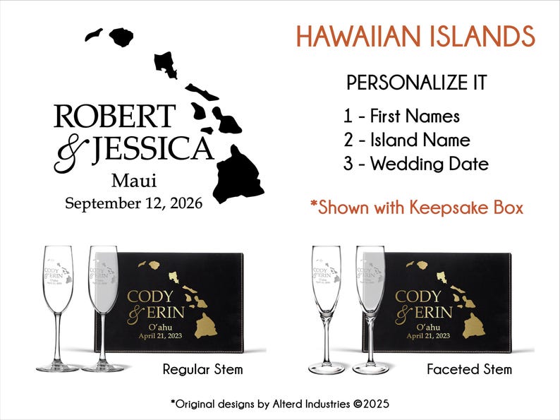 Hawaiian Islands Destination Wedding Personalized Champagne Flutes Keepsake Box, Wedding Toasting Glasses Bride and Groom Engraved Gift Hawaiian Islands
