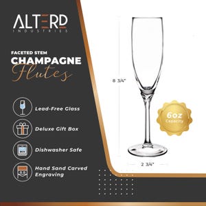 May include: Set of two clear glass champagne flutes with a faceted stem. The flutes are 8 3/4 inches tall and have a 6 ounce capacity. The flutes are lead-free and dishwasher safe. The flutes come in a deluxe gift box.