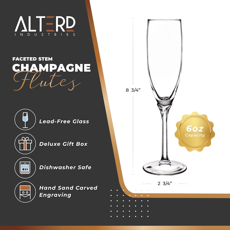 May include: Set of two clear glass champagne flutes with a faceted stem. The flutes are 8 3/4 inches tall and have a 6 ounce capacity. The flutes are lead-free and dishwasher safe. The flutes come in a deluxe gift box.