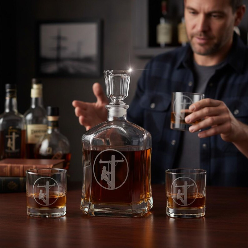 May include: A clear glass decanter and two matching lowball glasses, each featuring an etched circular design of a utility worker on a power pole. The decanter has a square base and a faceted glass stopper, all filled with an amber-coloured liquid.