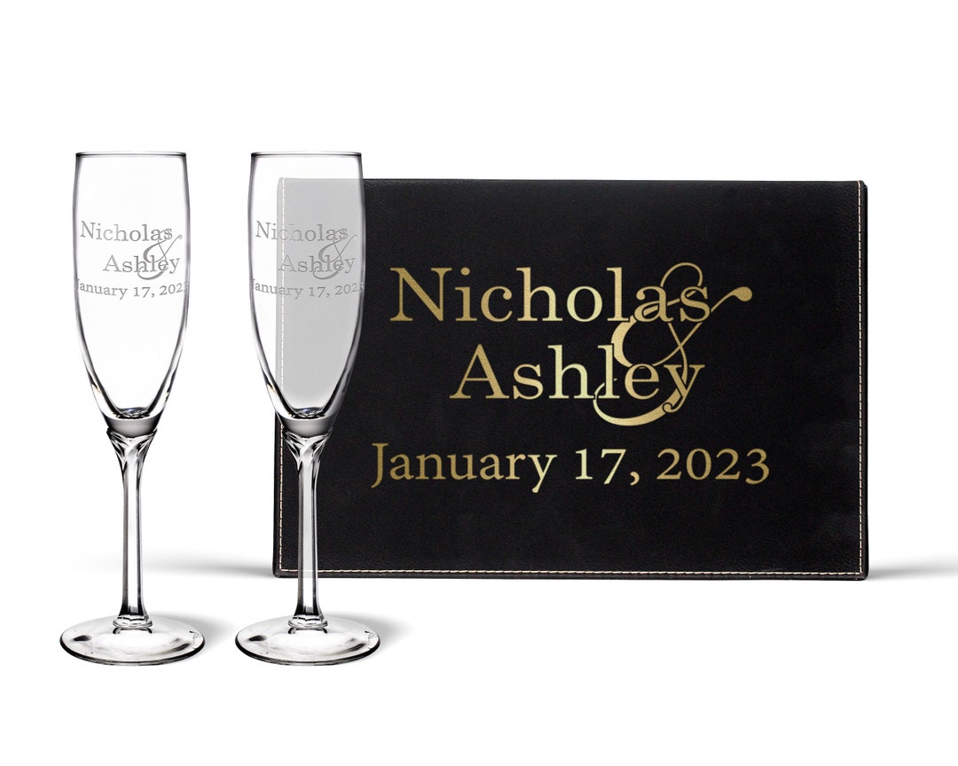 Personalized Ampersand Champagne Flutes Wedding Day Keepsake Box Wedding Toast Toasting Champagne Glasses Bride and Groom Engraved Gift - Faceted Flutes Box