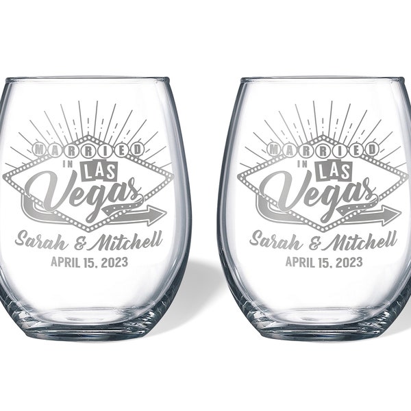 Married in Las Vegas Personalized Engraved Wine or Beer Wedding Anniversary Toasting Glasses Gift Set for Couple | FREE SHIPPING