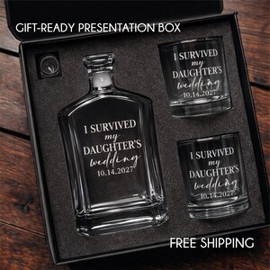I Survived My Daughter's or Son's Wedding Engraved Whiskey Decanter Set Parents Wedding Gift from Bride and Groom | FREE SHIPPING image 3