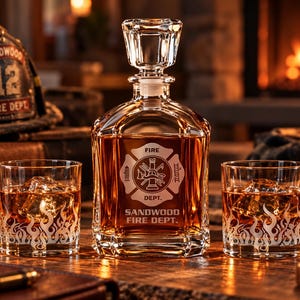 May include: A clear glass decanter with a faceted stopper and two matching whiskey glasses. The decanter features an etched fire department emblem and the text "SANDWOOD FIRE DEPT." The glasses are etched with a flame pattern at the base.