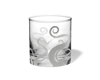 Kraken Octopus Engraved Whiskey Drinking Glass Nautical Beach House Decor Glassware | FREE SHIPPING