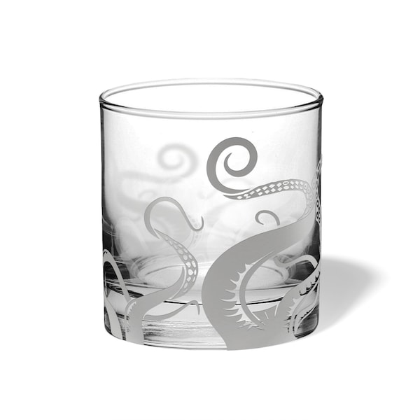 Kraken Octopus Engraved Whiskey Drinking Glass Nautical Beach House Decor Glassware | FREE SHIPPING