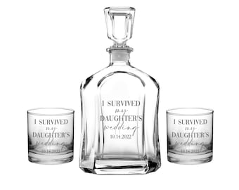 I Survived My Daughter's or Son's Wedding Engraved Whiskey Decanter Set Parents Wedding Gift from Bride and Groom | FREE SHIPPING