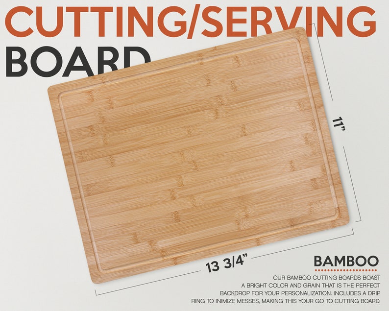 May include: A rectangular bamboo cutting board with a drip ring. The board measures 13 3/4 inches by 11 inches. The text "BAMBOO" is printed in red on the bottom right corner of the board.