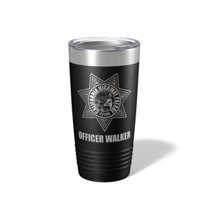 May include: Black stainless steel tumbler with a silver California Highway Patrol emblem and the text "OFFICER WALKER".