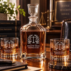 May include: A clear glass decanter with a matching stopper and two matching whiskey glasses, each etched with a scale of justice emblem and the text Edward B. Yokana Attorney at Law, filled with an amber liquid and ice cubes.
