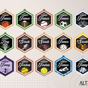 May include: A set of 15 hexagonal ornaments with different sports themes. Each ornament features a different sport, including basketball, football, baseball, soccer, hockey, lacrosse, track and field, gymnastics, volleyball, cheerleading, softball, tennis, swimming, ice skating, and figure skating. Each ornament has a black background with white text that reads "2024 COACH" followed by a name. The ornaments are decorated with different colors and patterns.