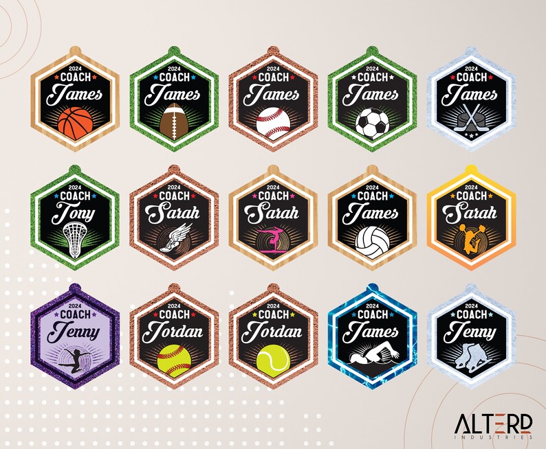 May include: A set of 15 hexagonal ornaments with different sports themes. Each ornament features a different sport, including basketball, football, baseball, soccer, hockey, lacrosse, track and field, gymnastics, volleyball, cheerleading, softball, tennis, swimming, ice skating, and figure skating. Each ornament has a black background with white text that reads "2024 COACH" followed by a name. The ornaments are decorated with different colors and patterns.