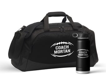 Personalized Football Coach Sports Duffel Bag and optional 32 oz Engraved Water Bottle End of Season Thank You Team Gift for Coach