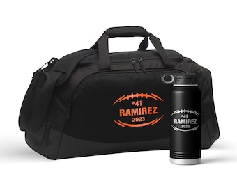 Personalized Football Player Sports Duffel Gym Bag with Shoe Compartment and Optional 32 oz Engraved Water Bottle Football Gifts for Boys