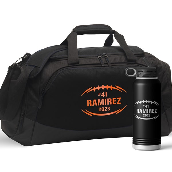 Personalized Football Player Sports Duffel Gym Bag with Shoe Compartment and Optional 32 oz Engraved Water Bottle Football Gifts for Boys