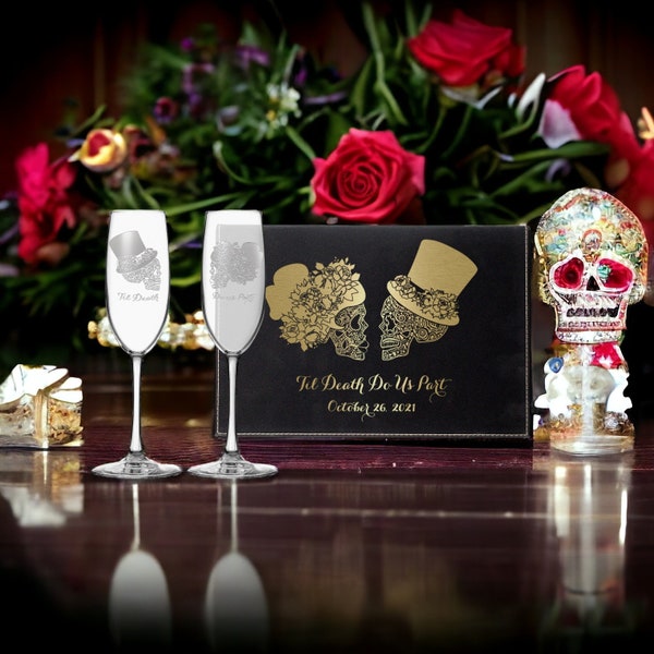 Sugar Skull Wedding Engraved Champagne Flutes Personalized Wedding Day Gift Box Skull Wedding Toasting Champagne Glasses Bride and Groom