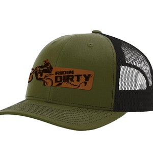 Ridin Dirty Leather Patch Hat Dirt Bike Hat Dirt Bike Birthday Dirt Bike Gifts Braap Hat Snapback Trucker Hat Olive Green/Black