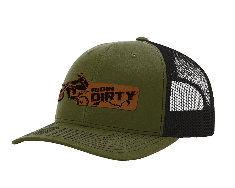 Ridin Dirty Leather Patch Hat Dirt Bike Hat Dirt Bike Birthday Dirt Bike Gifts Braap Hat Snapback Trucker Hat Olive Green/Black