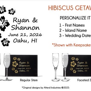 Hawaiian Islands Destination Wedding Personalized Champagne Flutes Keepsake Box, Wedding Toasting Glasses Bride and Groom Engraved Gift Hibiscus Getaway