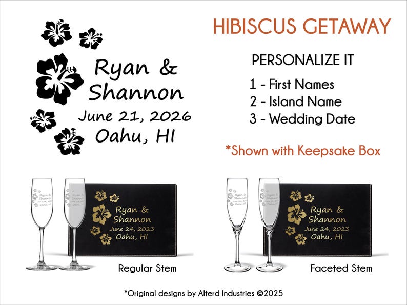 Hawaiian Islands Destination Wedding Personalized Champagne Flutes Keepsake Box, Wedding Toasting Glasses Bride and Groom Engraved Gift Hibiscus Getaway