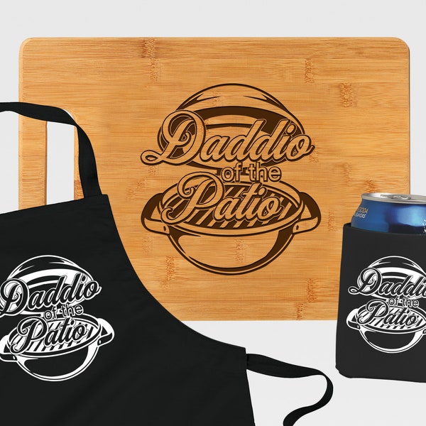 Dad Grilling Gift Daddio of the Patio Cutting Board BBQ Serving Platter Tray Father's Day Gift BBQ Grill Master Mens Apron BBQ Gift Set