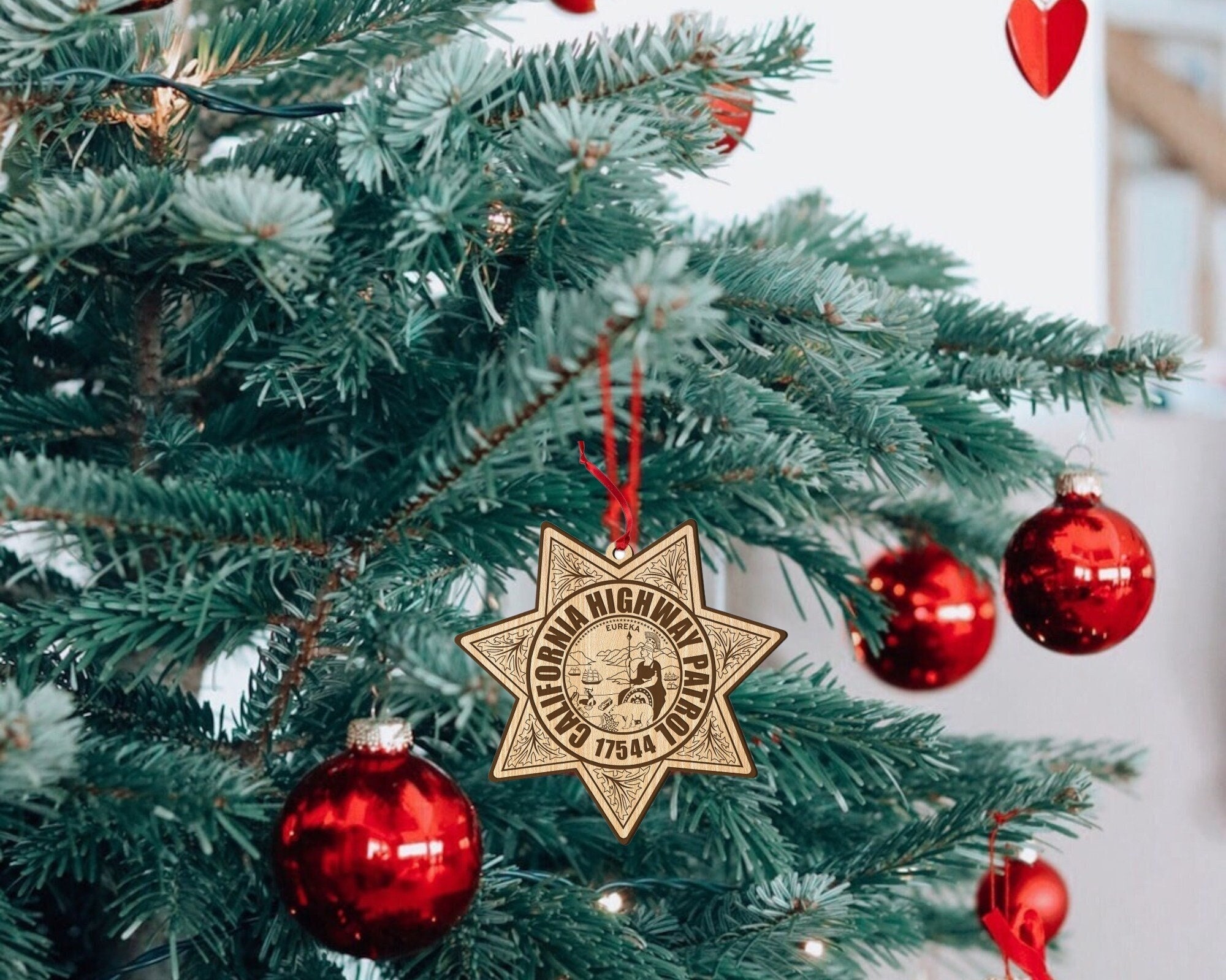 CHP California Highway Patrol Trooper Police Officer Badge Personalized Wood Christmas Ornament with ribbon and Gift Box | FREE SHIPPING