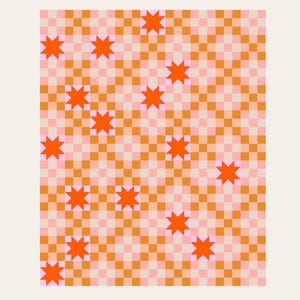 May include: A colorful pattern featuring orange starbursts on a checkered background of pink and orange squares. The text "CAMPFIRE GLOW" is displayed, along with the designer and kit maker.